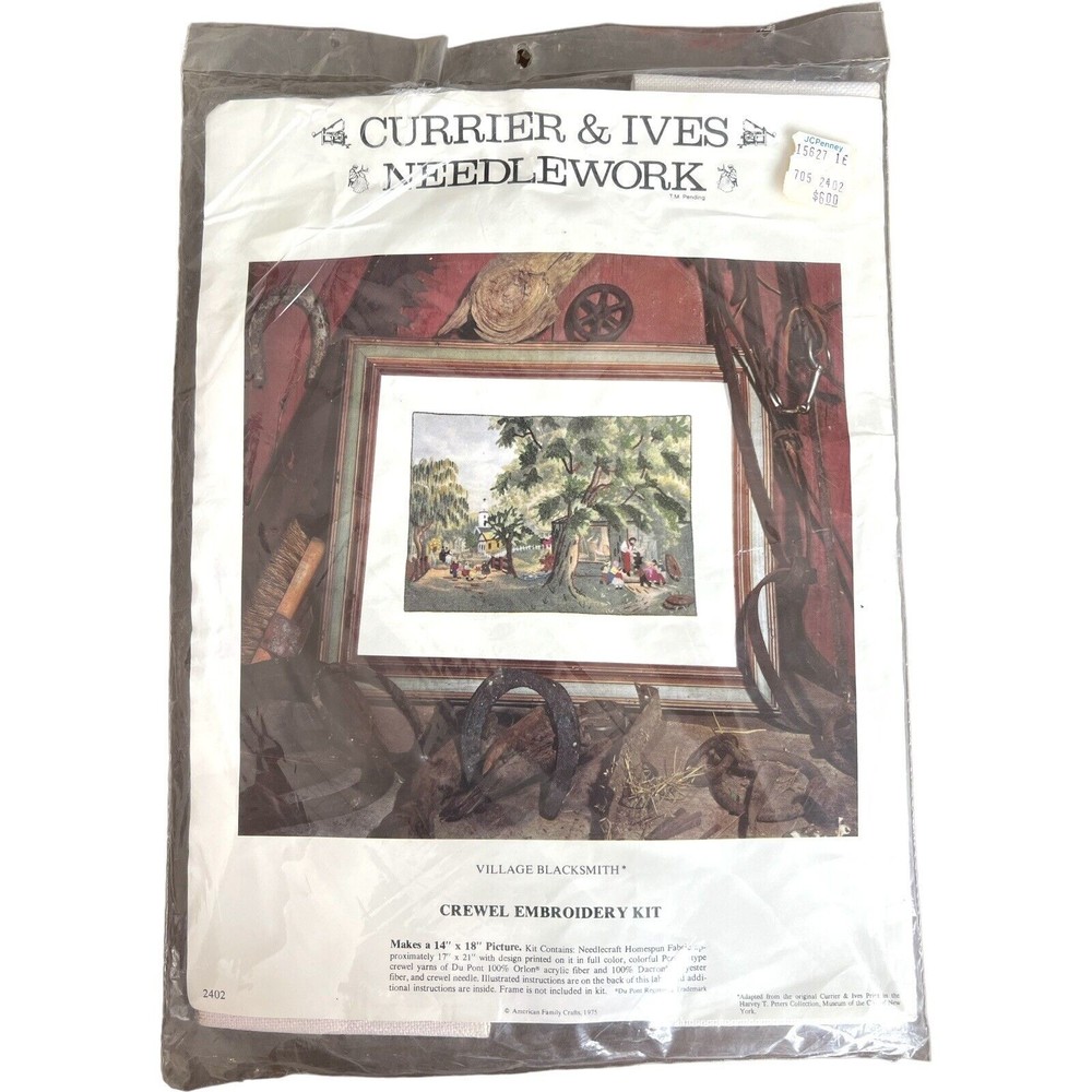 Currier & Ives Needlework 2402 Village Blacksmith Crewel Embroidery Kit Started